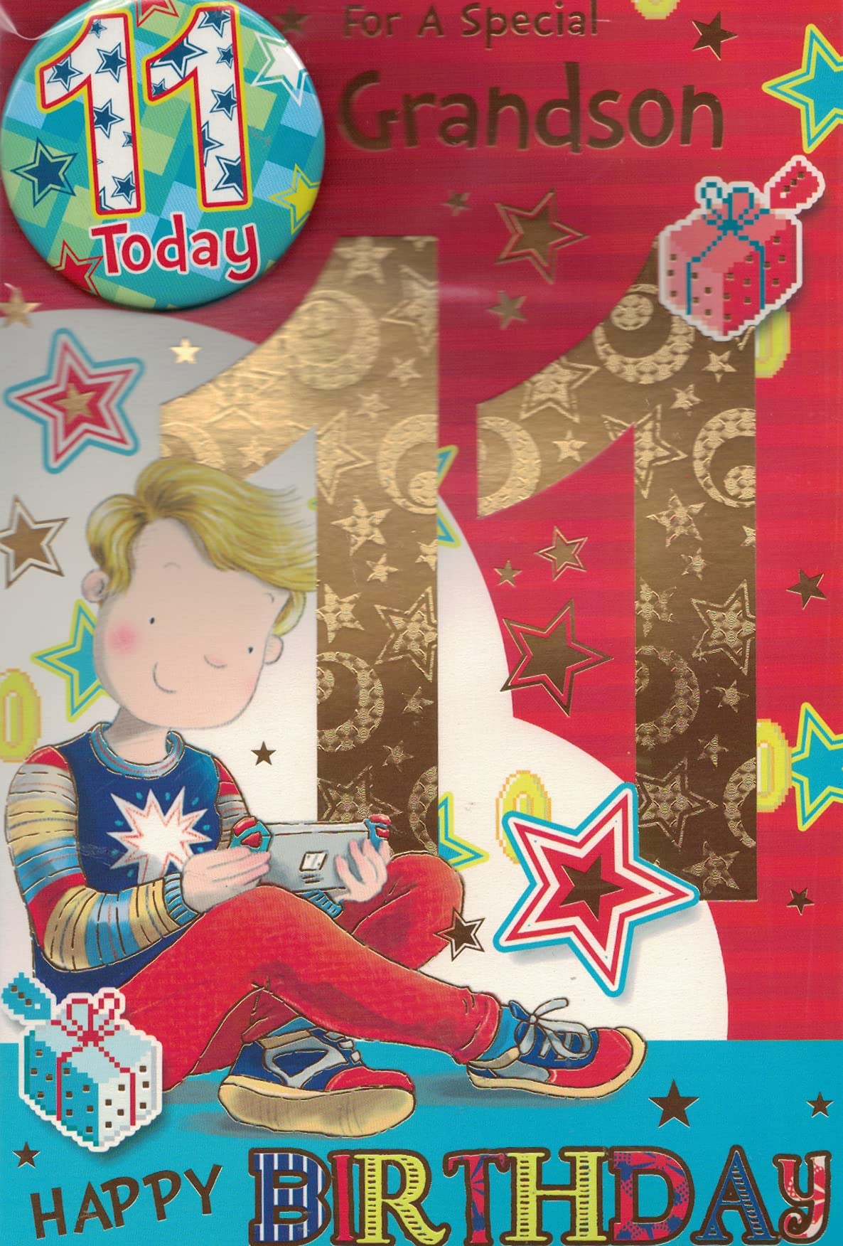 GRANDSON AGE 11 ELEVEN BIRTHDAY CARD WITH BADGE***9 X 6 INCHES**1ST CLASS POST***AE6***