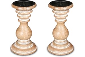 Wooden Candle Holders (Set of 2) - Tall Farmhouse Pillar Stands, Rustic Home Decor, Antique Wood Vintage Style Candle Holders