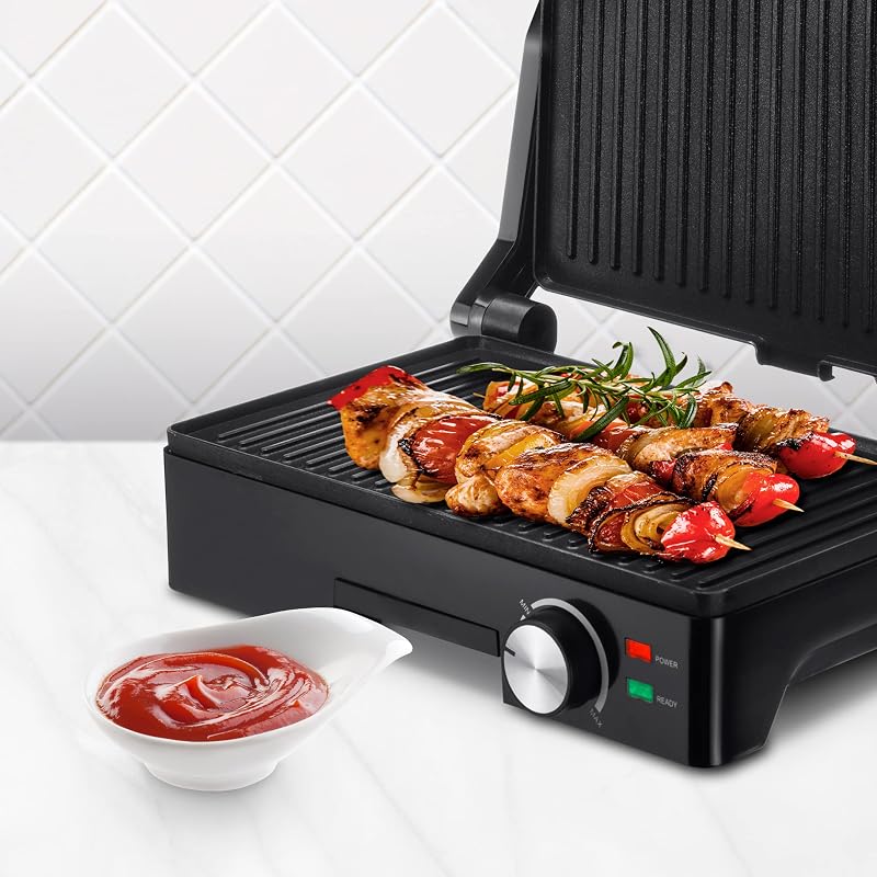 Teide Parilla Eléctrica, Panini Press Grill, 1600W, Placas Antiadherentes, Apertura 180º, Regulador de Temperatura, Asa Toque Frio, Negro — foto 5 de 6