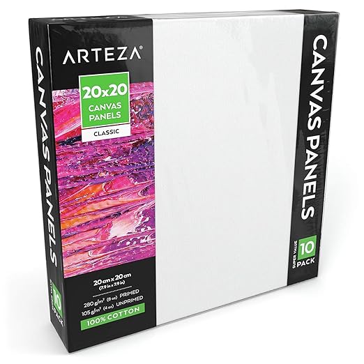ARTEZA Leinwand | 20cm x 20cm Großpackung mit 10 | Weiß, Grundiert 100% Baumwolle | Ideal für Malerei, Acrylgießen, Ölfarben 