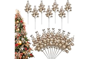 ZEBMOON 36Pcs Champagne Christmas Glitter Berries Stems, 7.5 Inch Artificial Christmas Picks, Glitter Berry Branches, Berry Holly Picks Stems for Christmas Tree Ornaments, DIY Xmas Wreath Party Home Decor