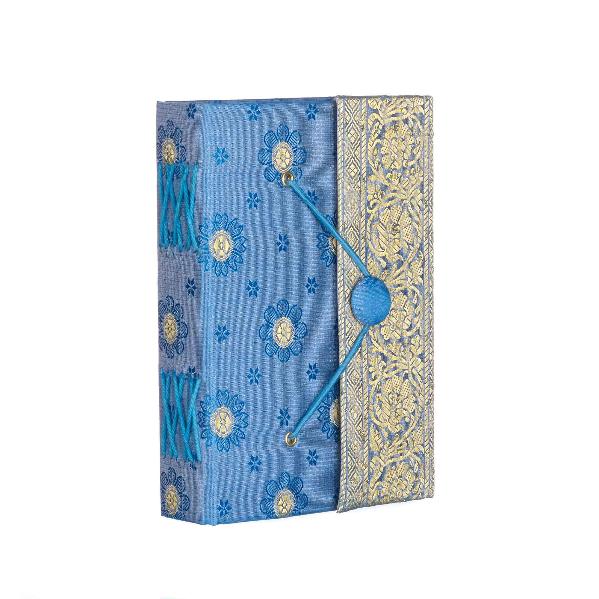 Sari Journal Medium 11cm x 16cm - Blue - Unlined Recycled Paper - Elastic Closure - Pocket Notebook and Diary - Indian Stationery Gift - For Men Women Students - Sari Fabric