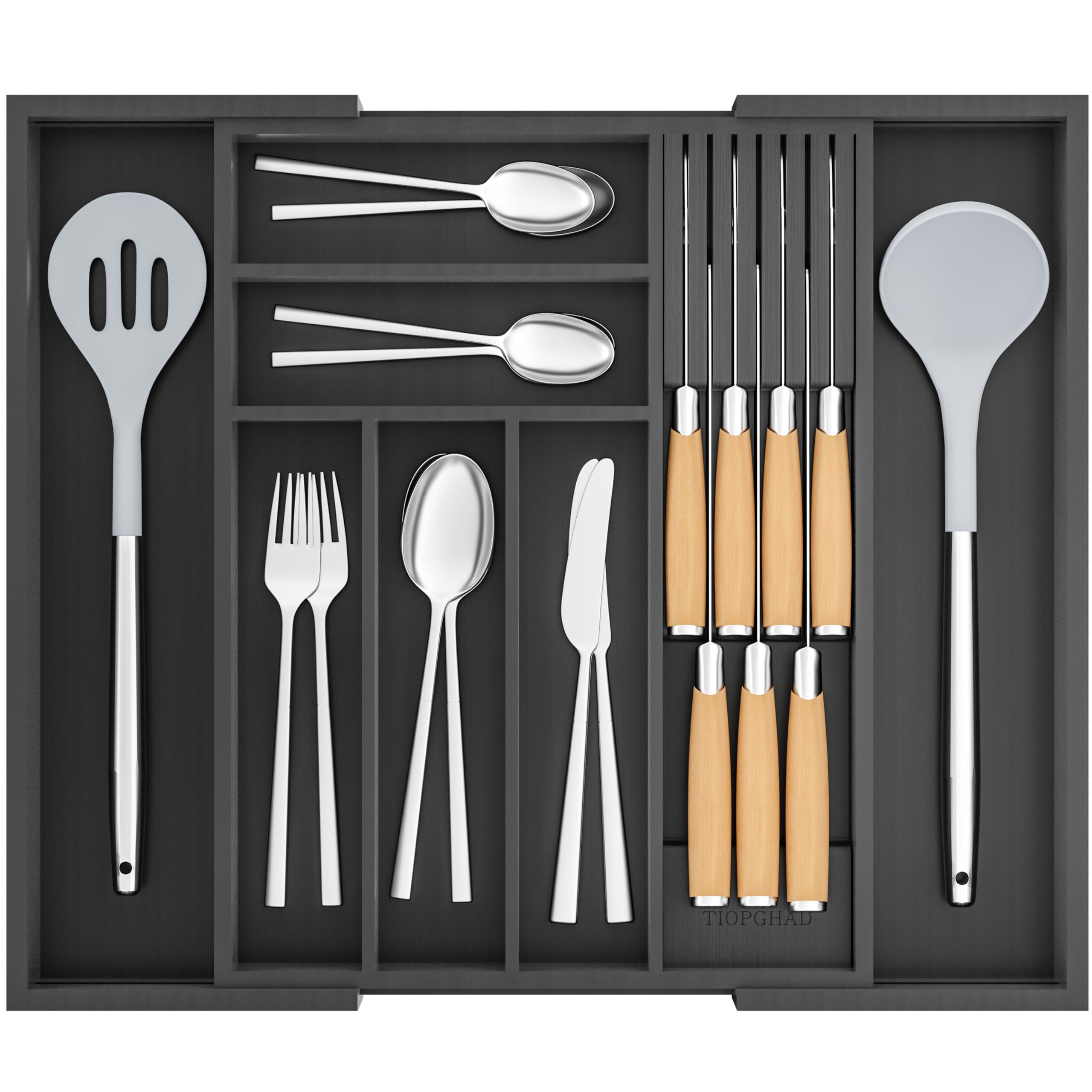 Photo 1 of TIOPGHAD Bamboo-Silverware-Drawer-Organizer-Kitchen, Expandable Utensil Holder Cutlery Tray Flatware Organization Adjustable Wood Tableware Dividers Storage (with Removable Knife Block)(Black)