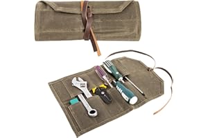 AJFHKJ Tool Roll,10Slots Tool Roll Up Pouch,Heavy Duty Waxed Canvas Tool Roll Bag,Chisel Wrench Spanner Roll Tool Pouch with Leather Rope,Tool Roll Organizer for Mechanic Electrician Plumber Carpenter