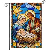 HOMETITUTE Nativity Scene Garden Flag Double Sided 12x18 Inch Burlap Winter Garden Flag Jesus Mary Joseph Stained Glass Seasonal Flags Christmas Holiday For Patio Lawn Decoration