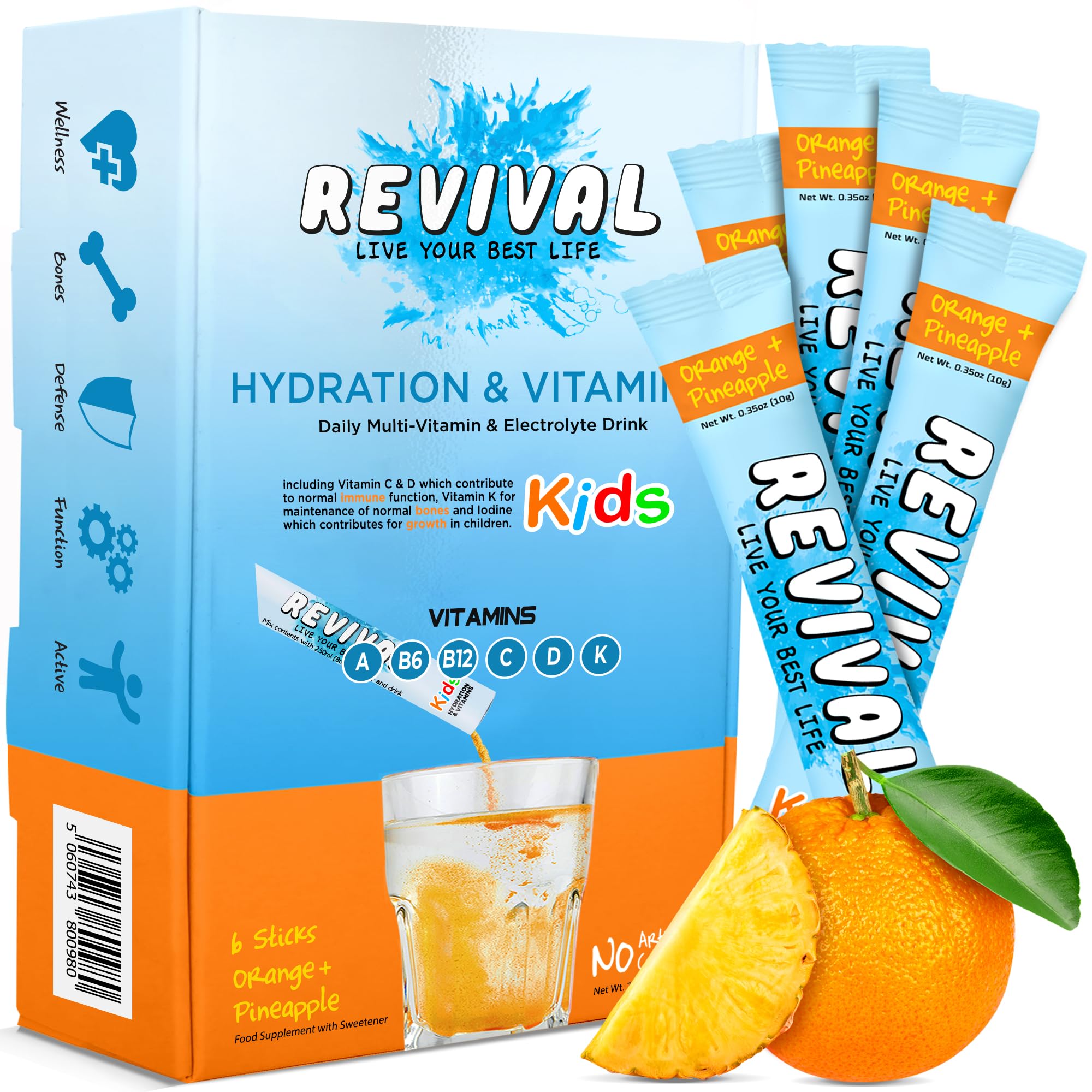 Revival Kids Hydration Vitamin Drink - Electrolyte Squash with Vitamins D, A, C, K, B6, B12 - Immunity, Growth, Development | Orange & Pineapple | 6 Pack — image 1