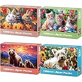 Jeacirio 4 Pack 100 Piece Puzzles for Kids Ages 4-6, 6-8, 8-10, Cute Animal Jigsaw Set with Rabbits, Kittens, Bears &amp; Puppy Friends, Large Piece Gift Set with Posters and Storage Bags