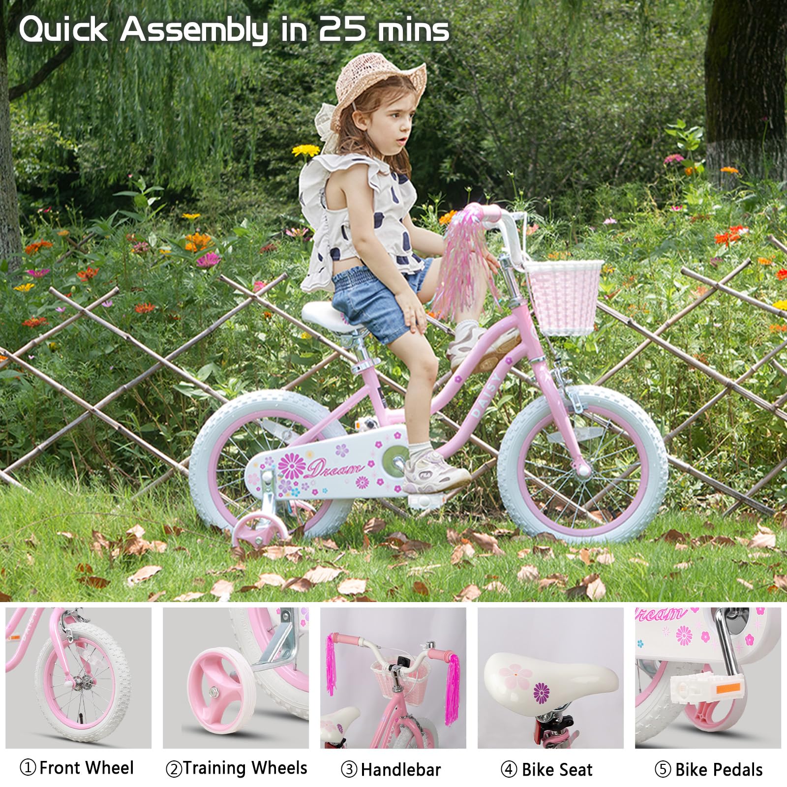 Daisy Girls Bike, 12 14 16 Inch Kids Bike for Ages 2-7 Years Old Children, Princess Style Kids Bicycle with Training Wheels & Basket & Streamers, Multiple Colors
