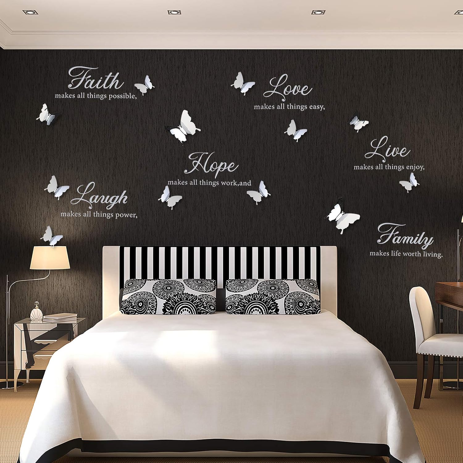 6 Pieces Faith Hope Love Laugh Family Live Wall Decal Sticker Motivational Wall Decal Sticker with 12 Pieces 3D Butterfly Decal Inspirational Quotes Sticker Set for Home Office Decor (Bright Silver)