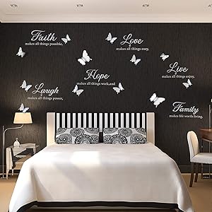 6 Pieces Faith Hope Love Laugh Family Live Wall Decal Sticker Motivational Wall Decal Sticker with 12 Pieces 3D Butterfly Decal Inspirational Quotes Sticker Set for Home Office Decor (Bright Silver)