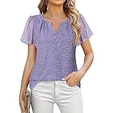 Furnex Women's Short Sleeve Floral Tops Double Layers Chiffon Blouses Office Work Shirts