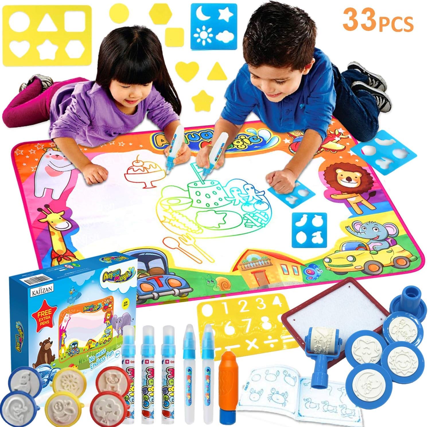 KAIIZAN Aqua Mat Extra Large - Aqua Magic Mat - Non-Toxic Drawing Water Mat - 33 Accessories - Water Pens, Drawing Booklet, Molds, Stamps – Water Mats for Toddlers