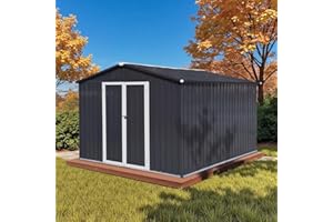 LINKHOO 10' x 8' XL Outdoor Storage Shed, Sturdy Metal Building w/Lockable Doors for Garden, Backyard, Poolside and Lawn, Black