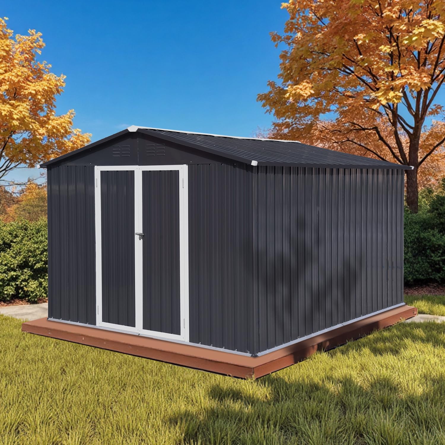 Photo 1 of 10' x 8' XL Outdoor Storage Shed, Sturdy Metal Building w/Lockable Doors for Garden, Backyard, Poolside and Lawn, Black