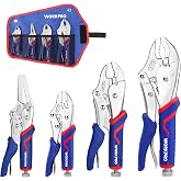 WORKPRO 4-Piece Locking Pliers Set with Comfortable Grip, 5-1/2", 7" and 9" Curved Jaw Locking Pliers, 6-1/2" Long Nose Locking with Storage Bag, Blue&amp;red