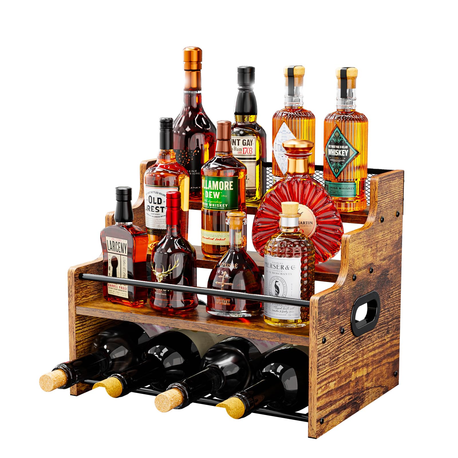 Photo 1 of KLM 4-Tier Wood Display Shelf, Black Modern Bottle Organizer, Countertop Bar Stand for Liquor, Coffee Syrup, (Brown)
