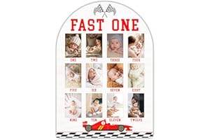 UIBOVA Fast One My First Year Photo Board, Racing Car Baby Milestone Signs for Boys Girls Nursery Decor, 12 Month Wooden Picture Board for 2x3 Photos, Best Babies Keepsake Gifts-A23