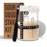 ABIOTO Sourdough Starter Jar Kit, Includes 34 oz Sourdough Starter Jar with Metallic Lid, Silicone Spatula, Feeding Tracker, Extra Thermometer Strips & Breathable Covers – Sourdough Bread Starter Kit
