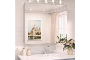 TokeShimi 30x26 Medicine Cabinet Mirror with Storage Tempered Aluminum Recessed or Wall Mounted Cabinet Silver with Stepless Adjustable Metal Shelves for Bathroom Vanity Modern Farmhouse