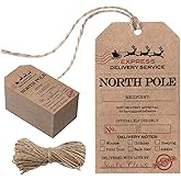 Fuyoooo 100 Pcs North Pole Christmas Presents Tags from Santa Vintage Xmas Santa Gift Tags with String for Presents Christmas Wrapping Paper Labels for Xmas Party Treat Cookie Decor