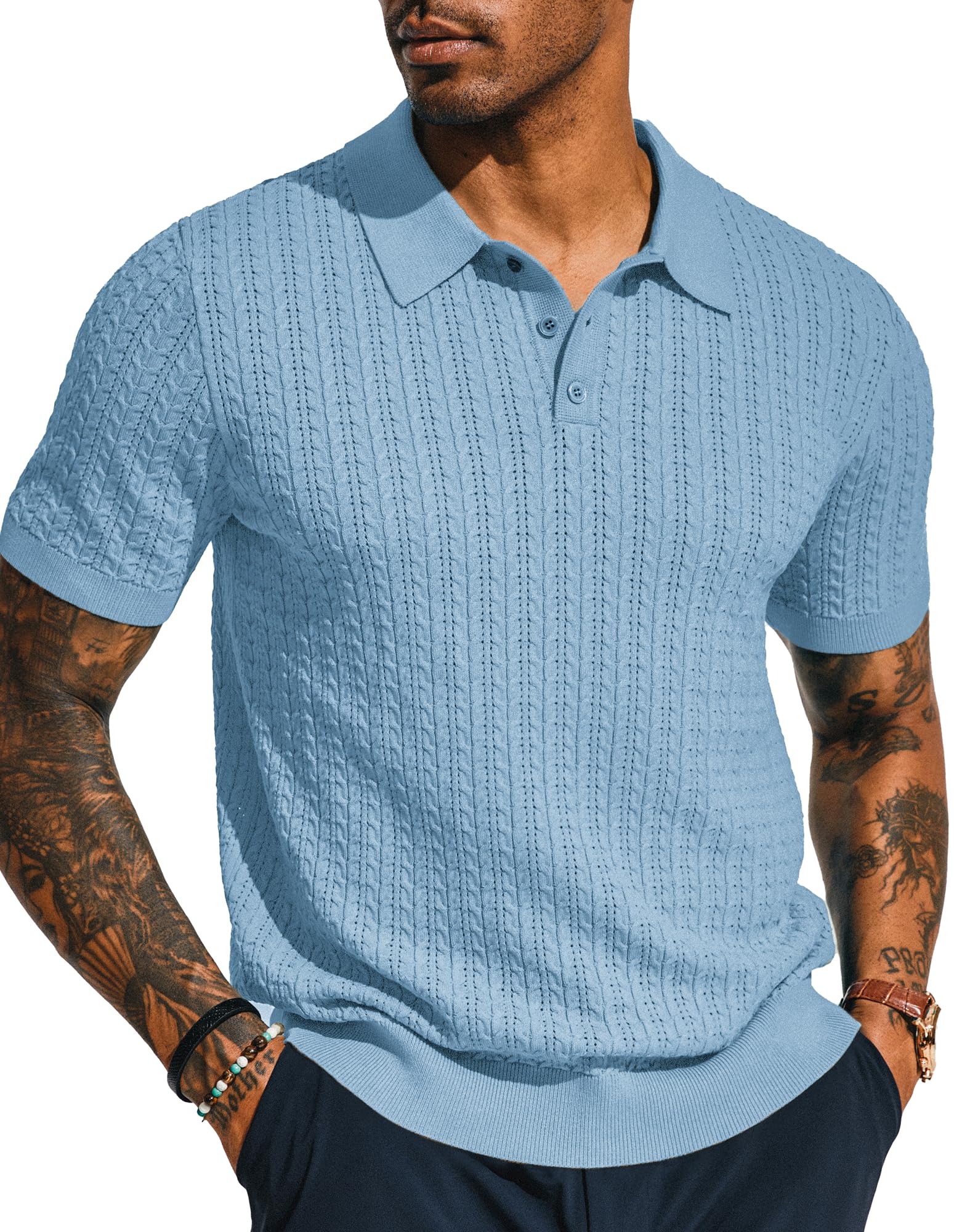 PJ PAUL JONES Men's Short Sleeve Polo Shirts Casual Knit Polo Shirt Fashion Textured Soft Knitted Shirts Sky Blue Image
