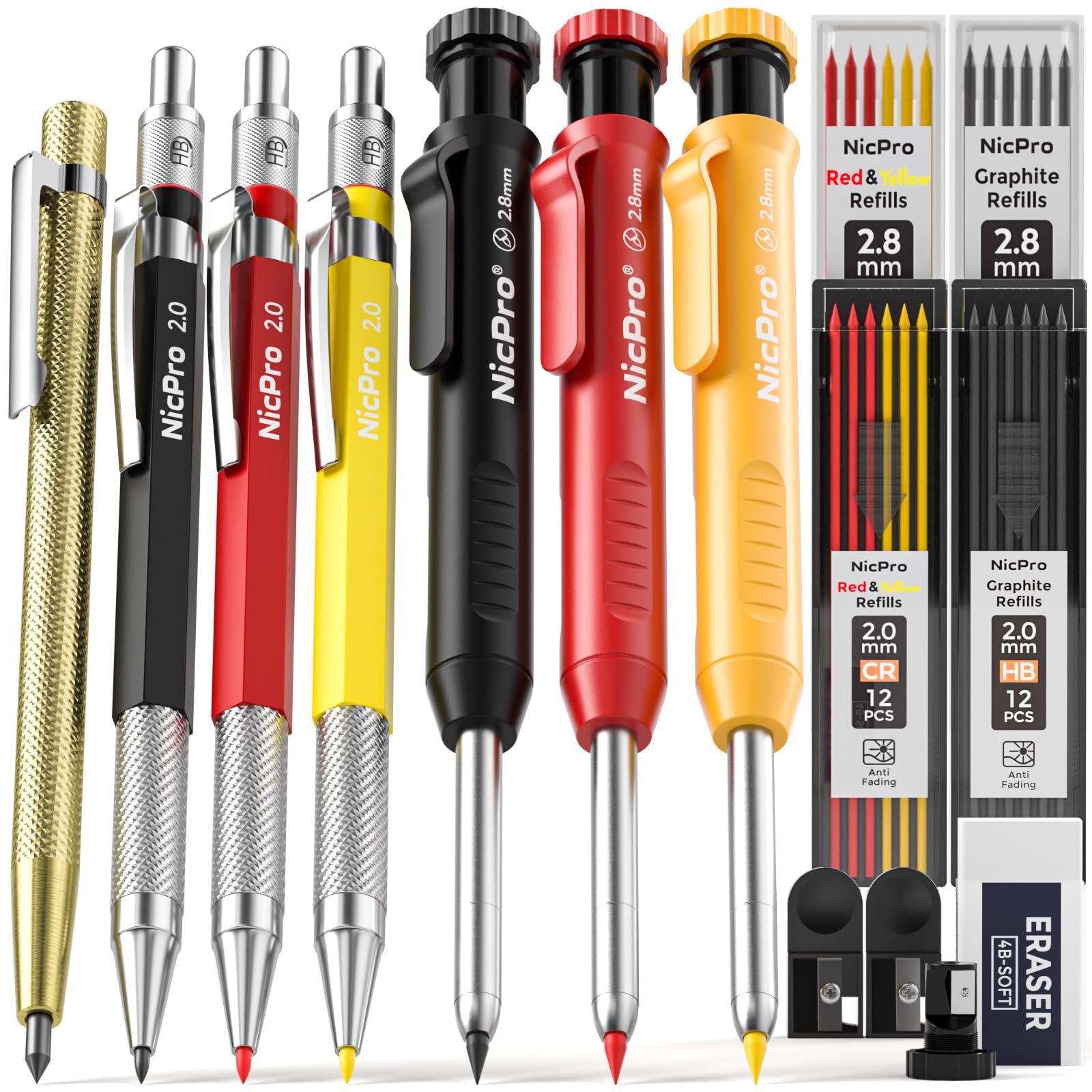 Nicpro 16 Pack Mechanical Carpenter Pencil Set with 42 Refill & Carbide Scribe Tool, Construction Pencils Heavy Duty Woodworking Pencils for Architect