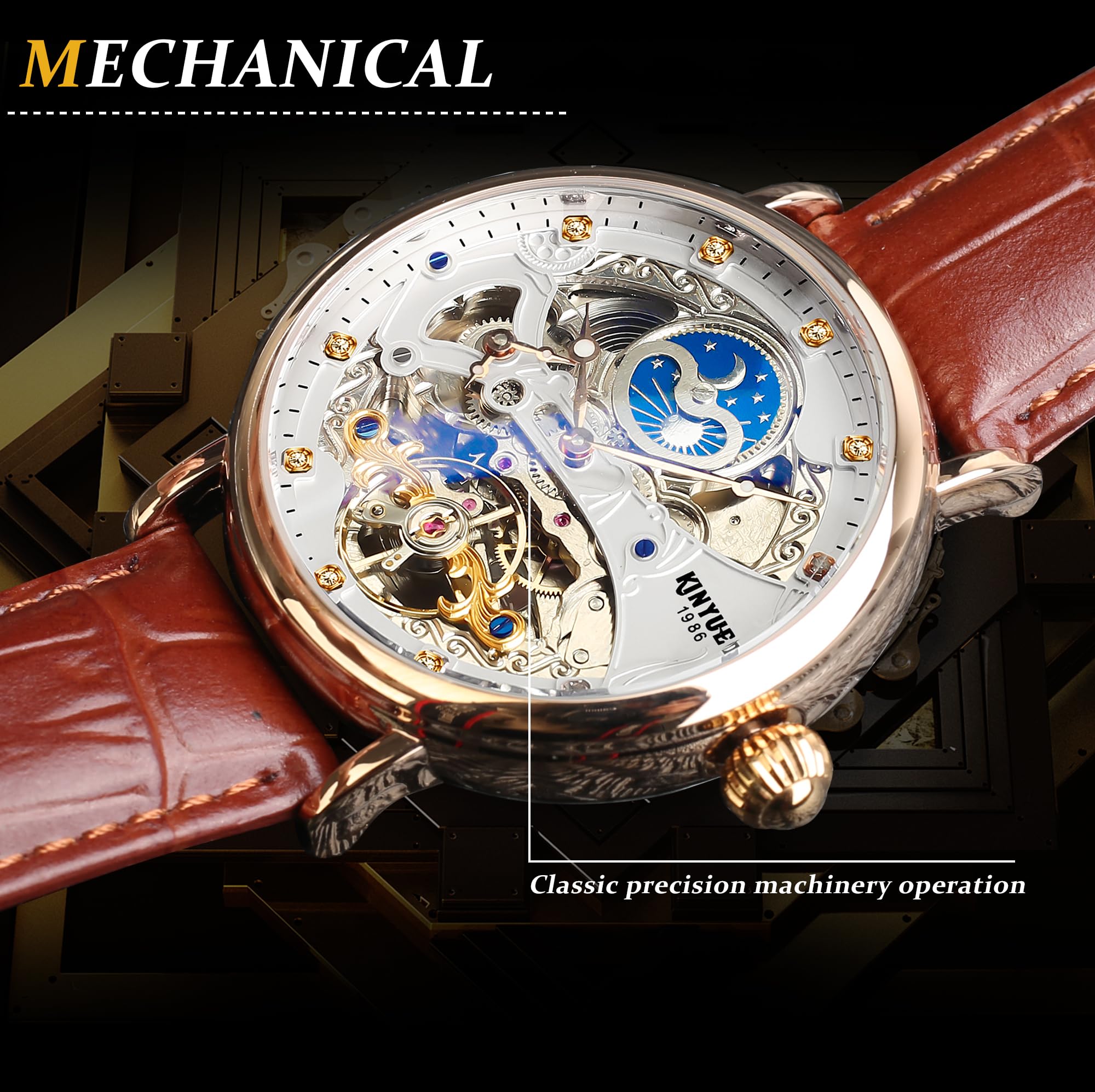 FORSINING Automatic Mechanical Watch, Self Winding Skeleton Watch for Mens, Mechanical Tourbillon Steampunk Fashion Men Watch Date Day Dress Watch Gift for Men