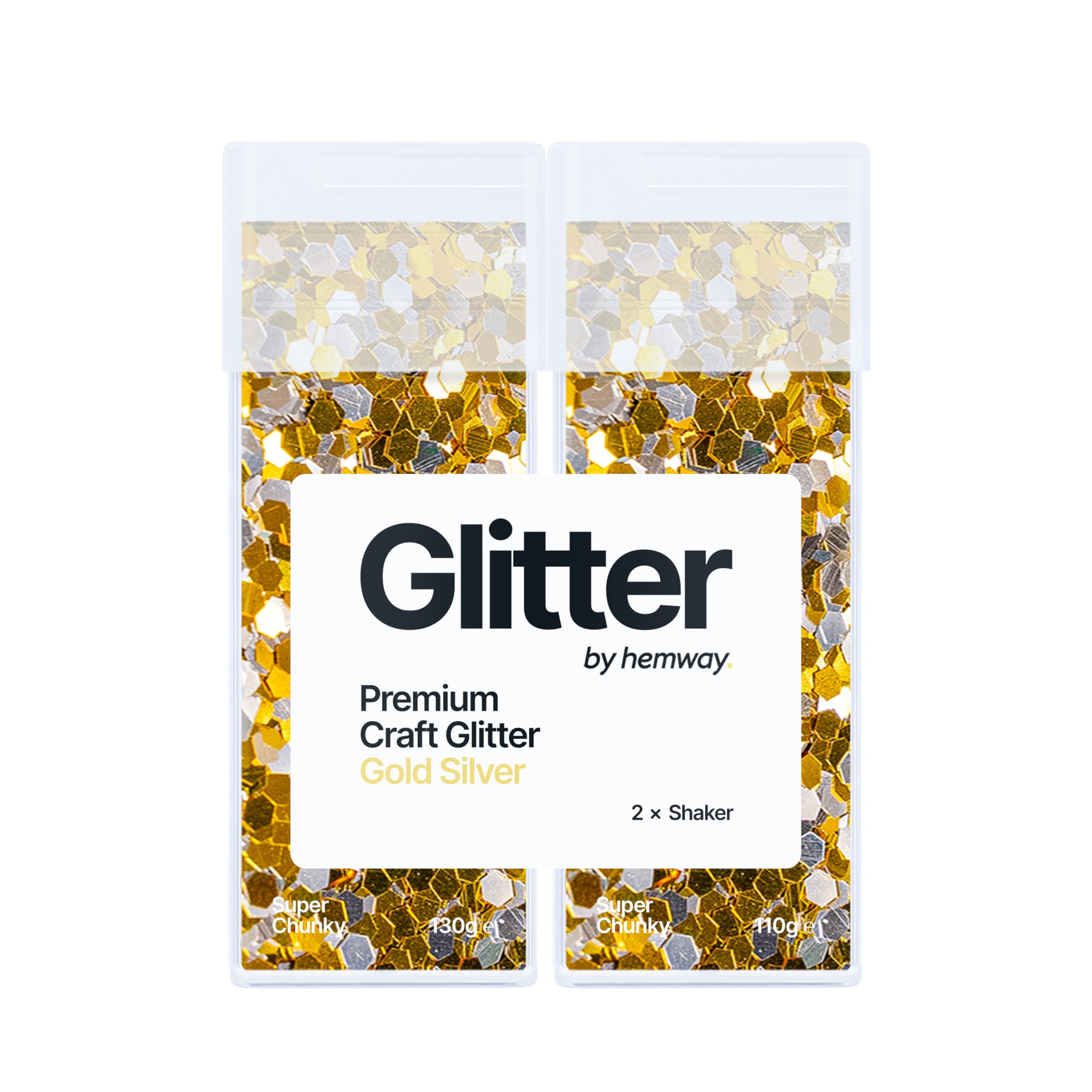 Hemway Glitter Shaker Gold Silver 110g x2 Pack Super Chunky, Craft Glitter Shakers for Resin & Epoxy Crafts, Christmas Art Supplies, Nail, Body, Face, Eye, Festival, Crafting, Slime, Sparkle