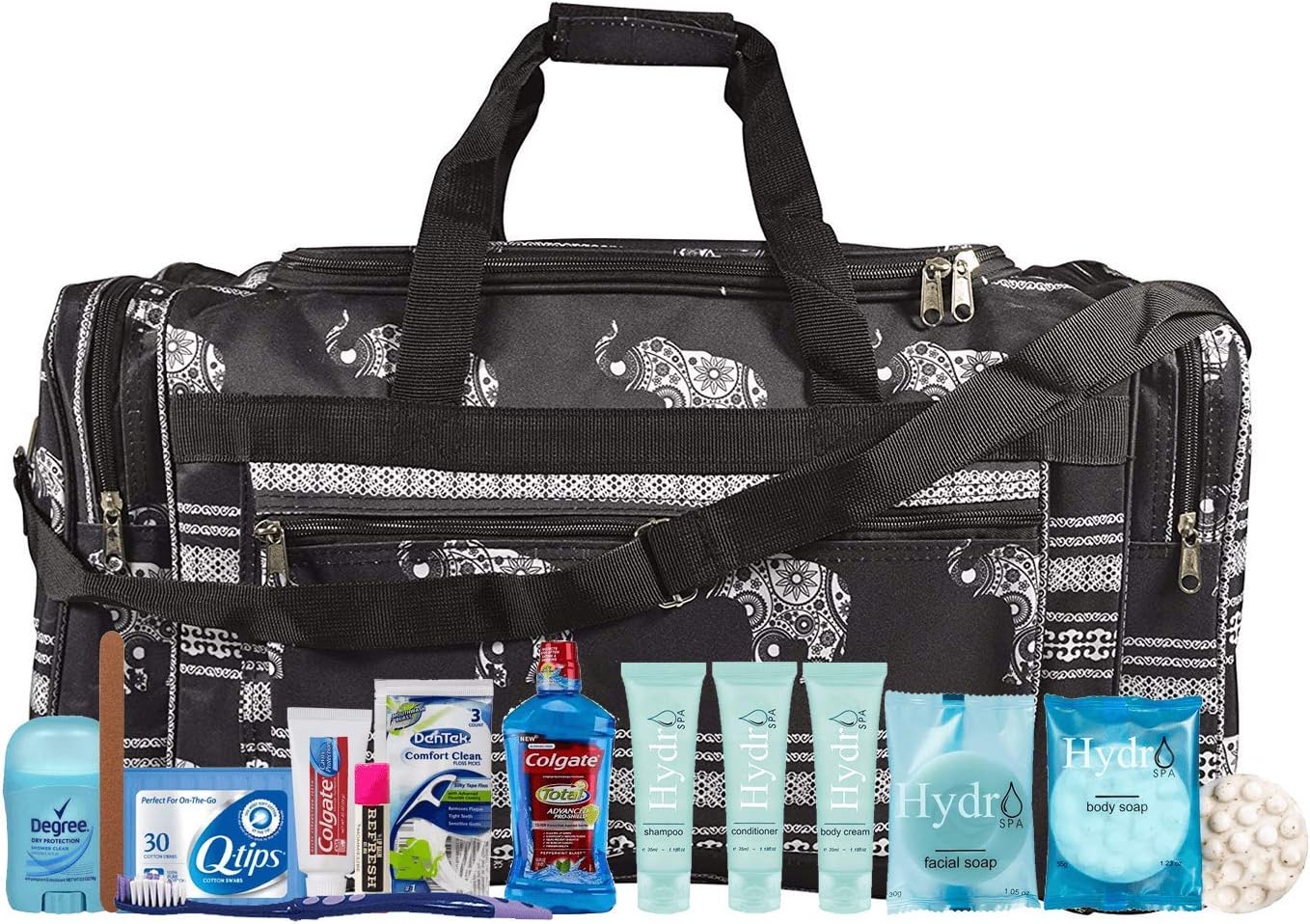 MOMMIES2BE Maternity Hospital Labor Duffle Bag, Pre-packed Toiletry Bag - Boho Elephant Black