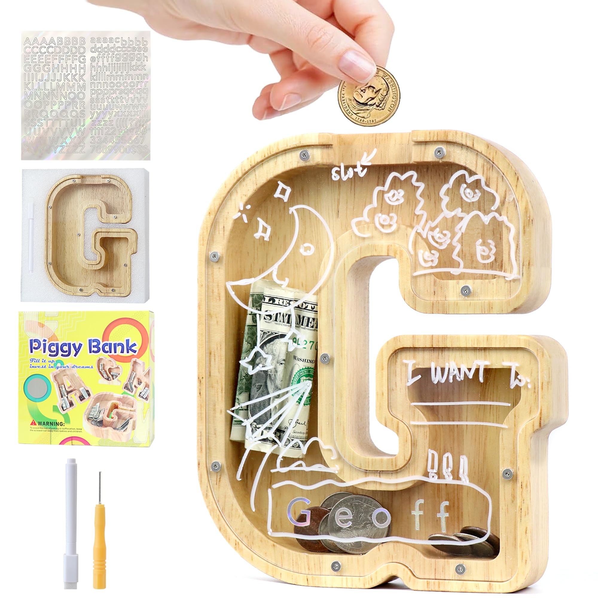 Mikytoper Money Box for Kids, Wooden Letter Piggy Banks for Kids, Personalized Money Box Clear Money Bank, Boys Girls Toddler Birthday Festival Gift (G)