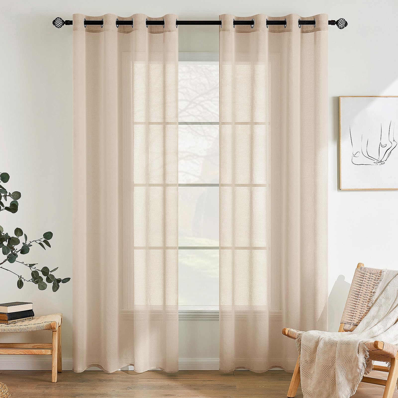 EMEMA Set of 2 Sheer Voile Curtains with Eyelets Transparent Voile Polyester Eyelet Curtain Transparent Living Room Airy Decorative Curtain for Bedroom 140 x 280 cm (W x H) Beige