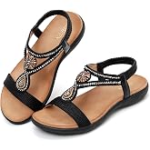 UBFEN Womens Rhinestone Flat Sandals Comfortable Vacation Bohemian Style | Multi-layer Rhinestone T-strap Adds Glam to Any Outfit, Elastic Back Strap for Easy On/Off, Perfect for Beach Daily Wear