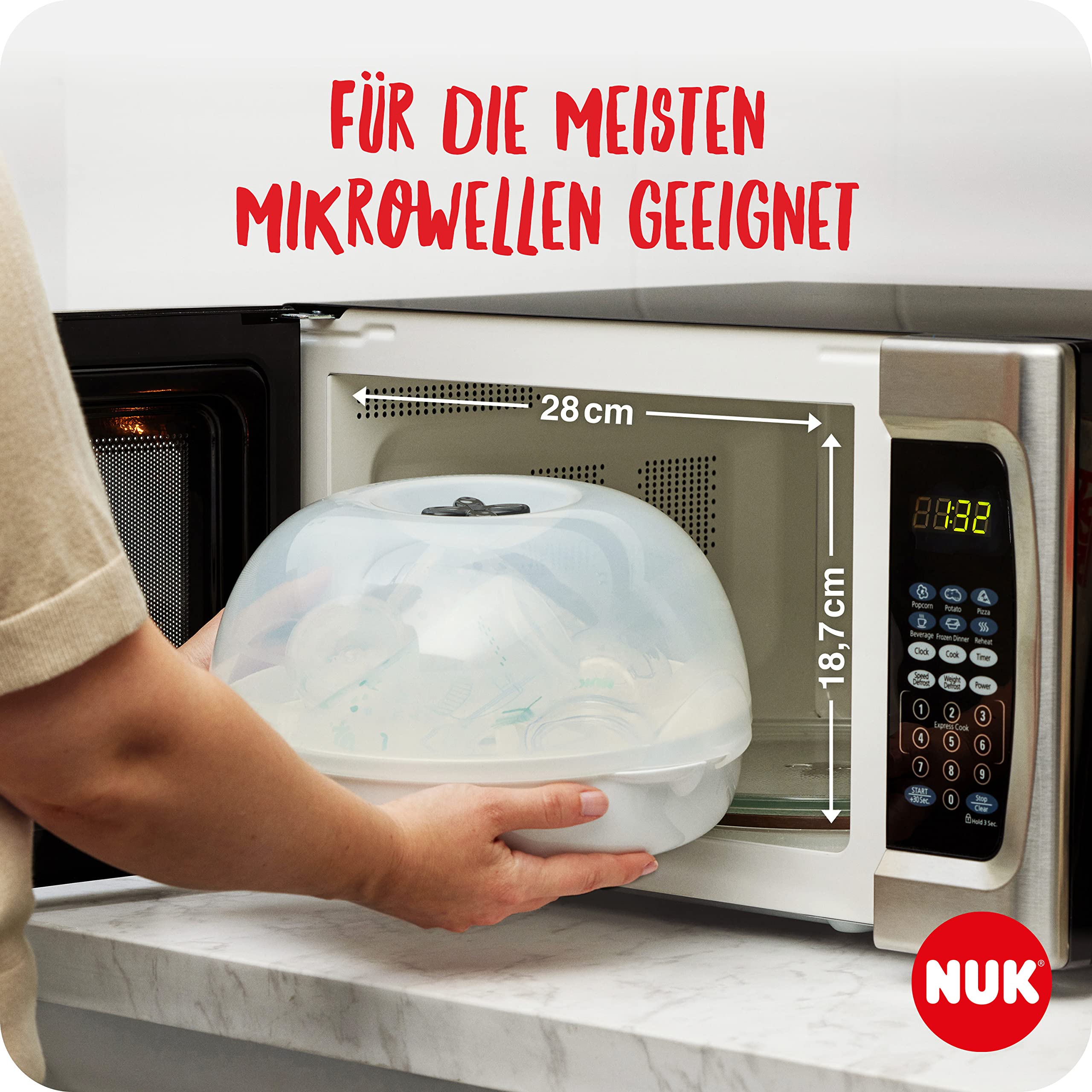 NUK Micro Express Plus Mikrowellen-Sterilisator für Flaschen | sterilisiert bis zu 4 Babyflaschen plus Zubehör in 4 Minuten | passt in die meisten Mikrowellen | inklusive Flaschenzange 4