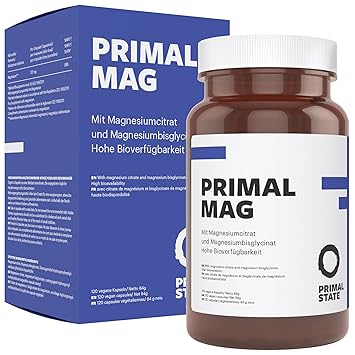 Magnesium hochdosierte Kapseln | PRIMAL MAG | Magnesiumcitrat und Magnesium Glycinat Tabletten| Frei von Zusatzstoffen wie Ma