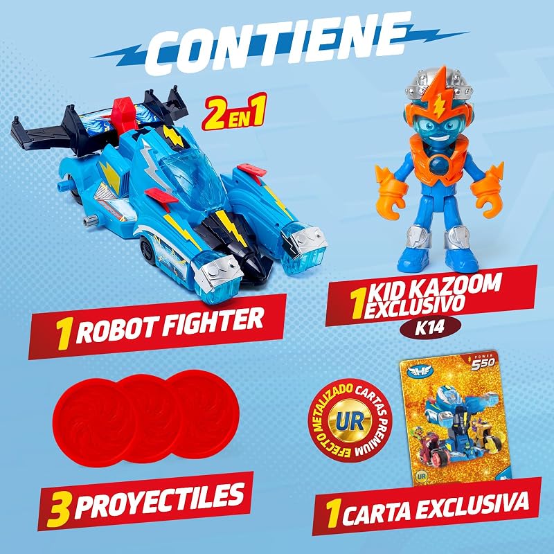 SUPERTHINGS–Robot Fighter.Vehículo Transformable en Robot de Héroes de la Película.Contiene Playset,Figura de Acción de Kid Kazoom,Carta Exclusiva y 3 Proyectiles.con Funciones y Ataques Especiales