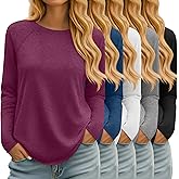 Velvelhall 5 Pack Women's Long Sleeve T-Shirts Crew Neck Raglan Loose Fit Casual Shirts Side Split Curved Hem Tunic Tops