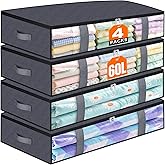 TasticTotes Under Bed Storage Containers, 4 Pack Blanket Storage Bags, Collapsible Storage Bags with Big Zippers, Clear Front, Shoe Storage and Organization for Clothes, Comforter, 60L, Grey
