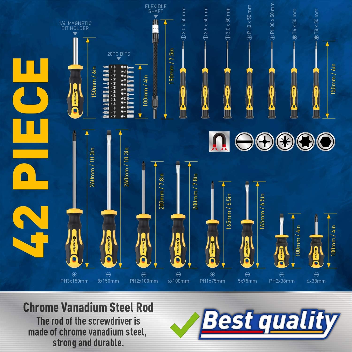 Amartisan 42-piece Magnetic Screwdriver Set with Case, Includs Slotted, Phillips, Hex, Pozidriv,Torx and Precision Screwdriver Set: Home Improvement