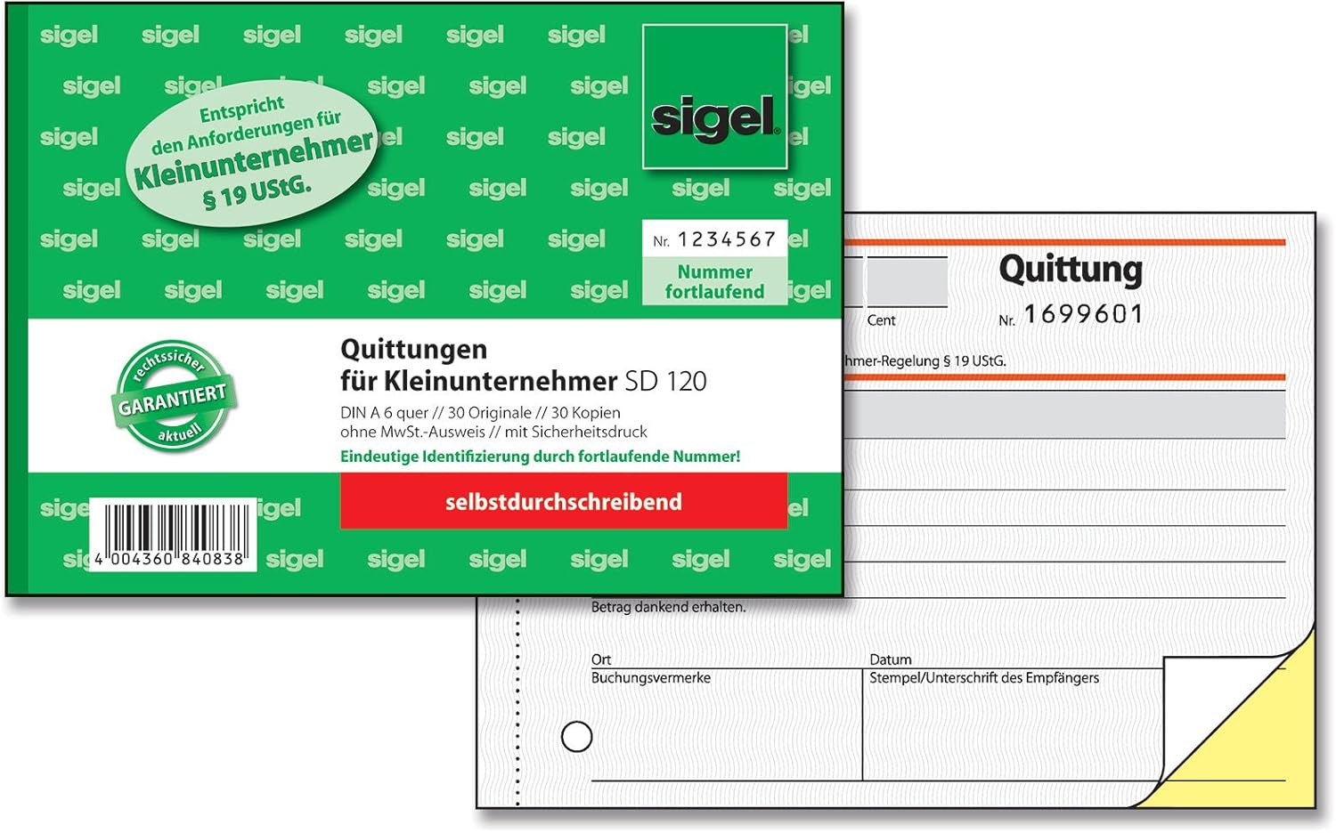 SIGEL SD120 Quittungsblock für Kleinunternehmer A6 quer, 2x30 Blatt, selbstdurchschreibend