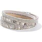 FANCY SHINY Boho Leather Wrap Bracelet Stackable Crystal Rhinestone Bangle Cuff with Magnetic Clasp Trendy Bohemian Jewelry for Women