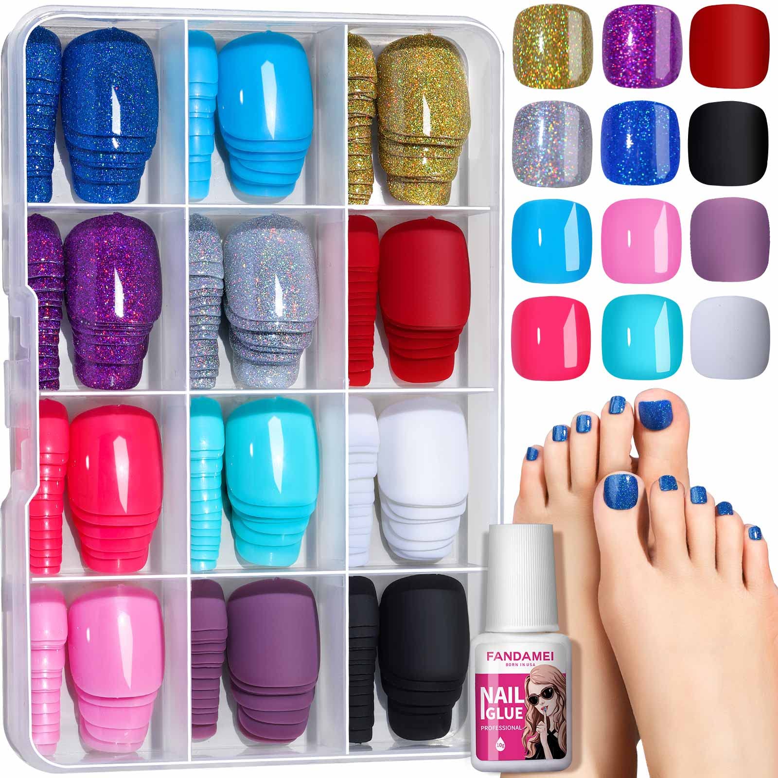 Press on Toenails, FANDAMEI 12 Colors 288PCS Press on Toe Nails Short Square, 4 Glitter Press on Toenails Full Cover, 4 Glossy False Toenails for Feet, 4 Matte Fake Toenails for Summer, Glitter/Solid