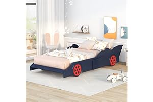 MERITLINE Twin Car Bed for Boys Race Car-Shaped Twin Bed Frame with Wheels Wooden Car Kids Bed for Boys Race Car Bed with Slat Support for Child's Bedroom,Blue+Red