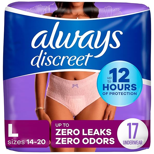 ALWAYS DISCREET ADULT INCONTINENCE & POSTPARTUM UNDERWEAR FOR WOMEN, MAXIMUM, LARGE, 17 COUNT (PACKAGING MAY VARY)