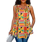 Afibi Summer Tops for Women Sleeveless V Neck Tshirt Loose Fit African Dashiki Tank Tunic Blouse