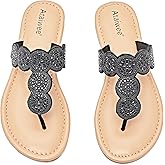 Ataiwee Women's Bohemian Bling Flat Slide Sandals - Casual Summer Thong Sandals with Rhinestone Decor, Rubber Sole, Lightweight & Comfortable for Casual Attire Strappy Sandals.