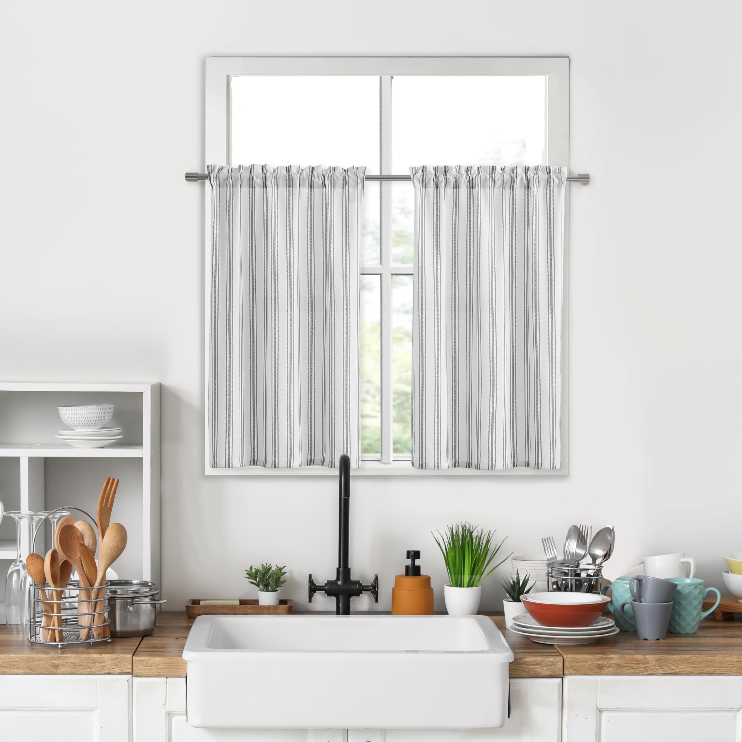 ZJDECOR Black White Cotton Blended Light Filtering Kitchen Curtains 30 Inches Long,Farmhouse Small Window Curtain Panels for Kitchen Bathroom RV Windows,Rod Pocket,Black White,27" Wx30 L(Pack of 2)