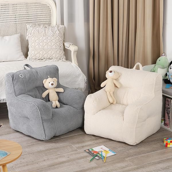 MOMCAYWEX KIDS BEAN BAG CHAIR WITH A PLUSH BEAR, COMFY TODDLER CHAIR FOR BOYS AND GIRLS, GREY