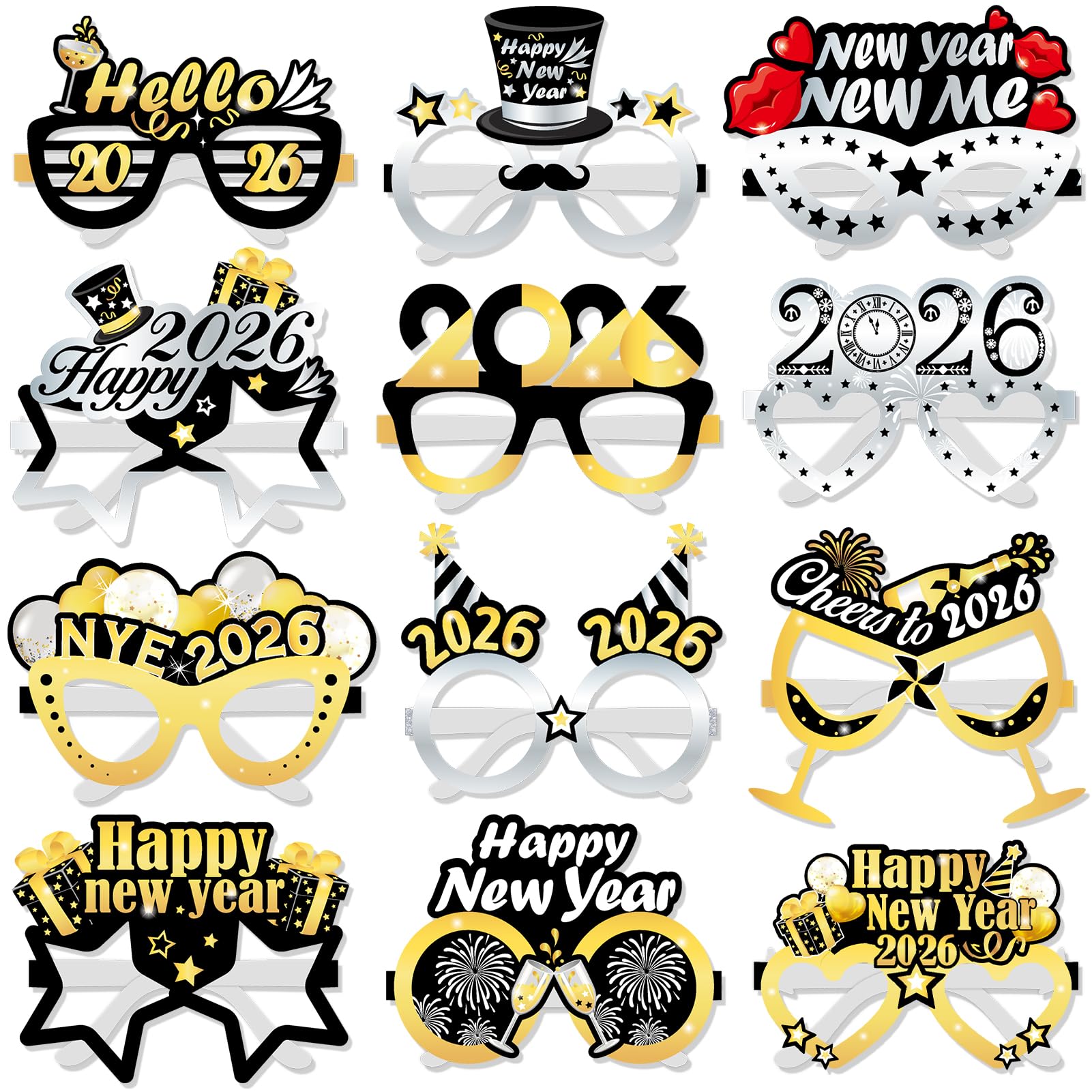 HOWAF 12 Pack 2026 Happy New Year Eyeglasses Funny Glasses Paper Happy New Year Glasses 2026 Photo Props New Years Eve Decorations 2026 New Years Eve Party Supplies Happy New Year Decorations