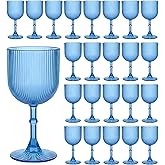 LEYIQU Plastic Wine Glasses 9oz Set, Ribbed Vintage Goblets Unbreakable Reusable BPA-Free Stemmed Drinking Glasses for Parties, Weddings & Events (Blue, 24pcs)