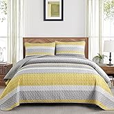 King Size Quilt Set,3 Piece Fall Soft Lightweight Bedspreads Coverlets Set,Patchwork Striped Quilted Bedding Sets for All Season,Yellow Grey White King Quilt Sets for Bed with 2 Pillow Shams 110"x92"